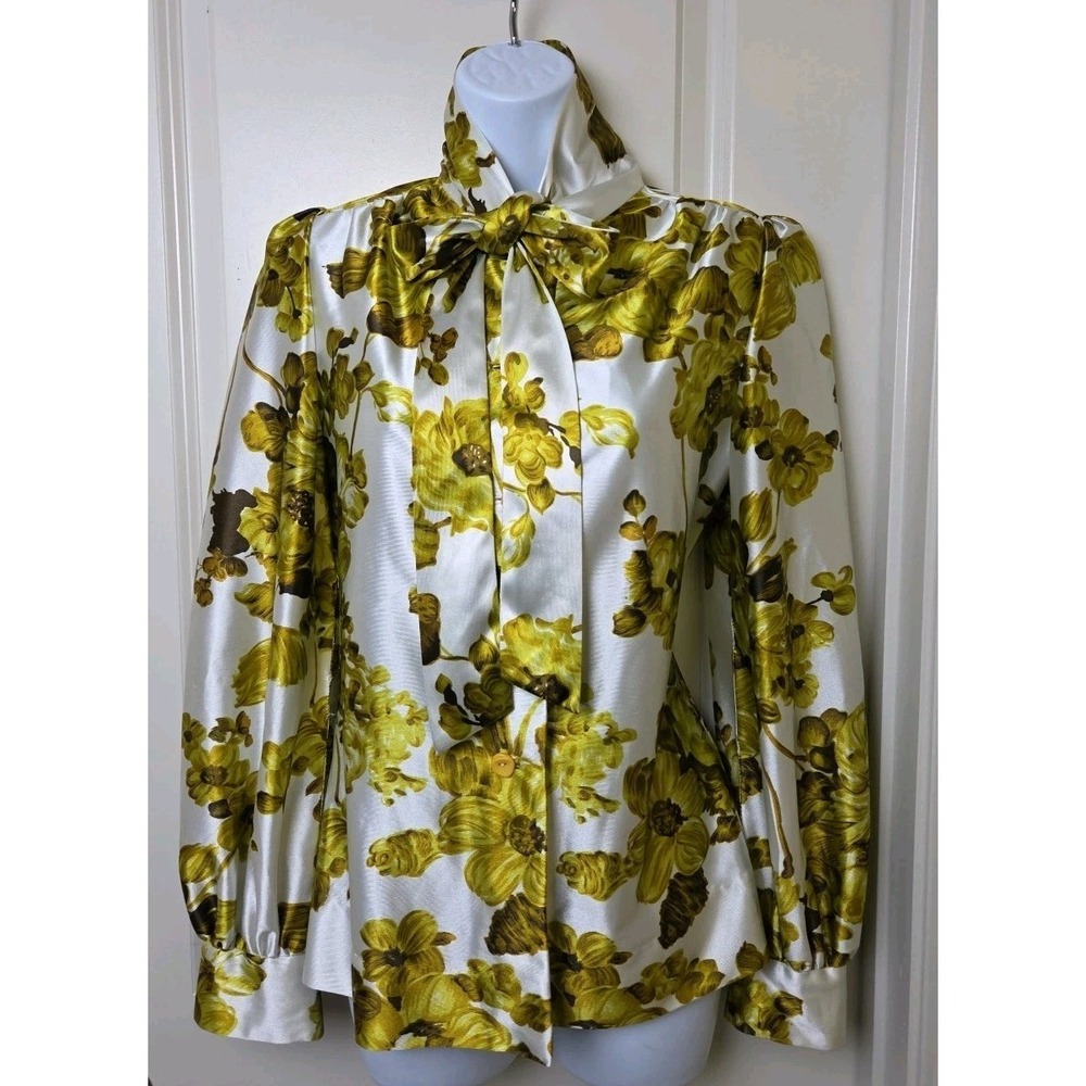 Vtg 60s 70s Hand Made Double Knit Shiny Floral Pussybow Blouse Top Mod Size S? - Picture 2 of 13
